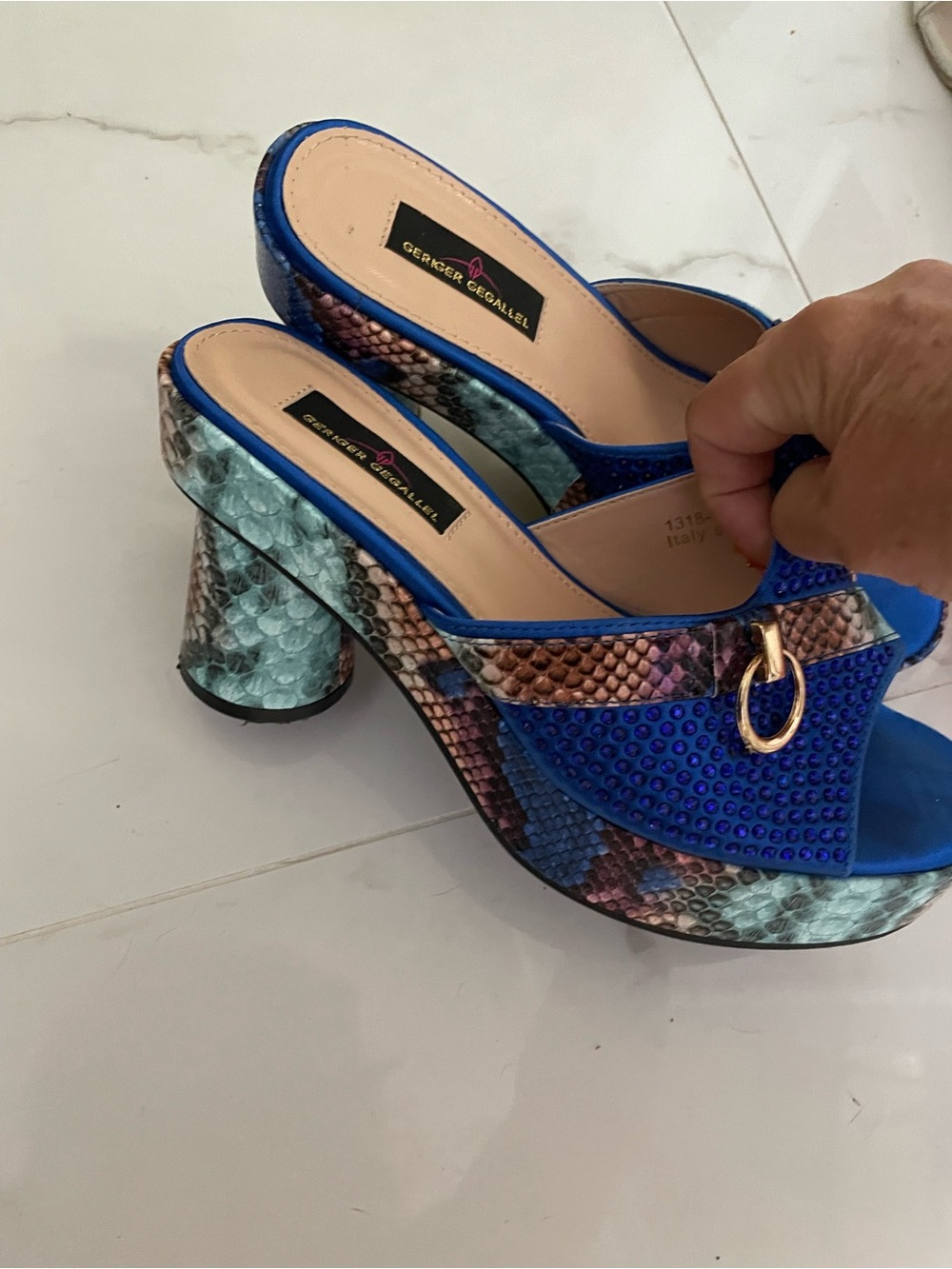 Blue Multi Snake-Print Platform Mules